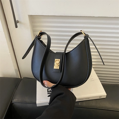 Bolso Hobo de Media Luna de Cuero PU Vintage para Mujer Herrajes Dorados Color Sólido Minimalista Debajo del Brazo Bolso de Hombro Bolso de Mano de Moda Monedero Diario
