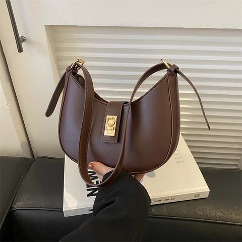 Bolso Hobo de Media Luna de Cuero PU Vintage para Mujer Herrajes Dorados Color Sólido Minimalista Debajo del Brazo Bolso de Hombro Bolso de Mano de Moda Monedero Diario