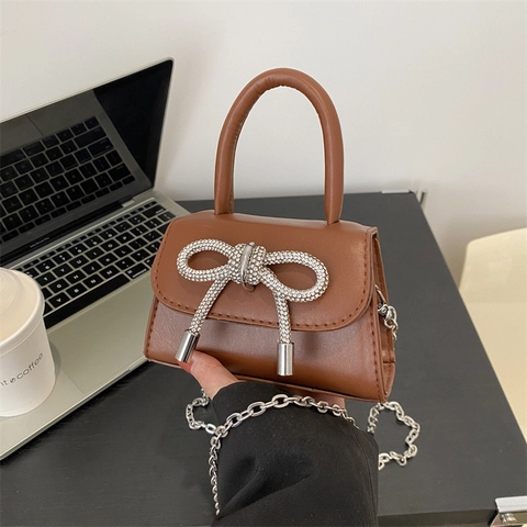 Women Bow Rhinestone Mini Handbag PU Leather Crossbody Bag Silver Chain Small Square Bag Sweet Evening Clutch Purse