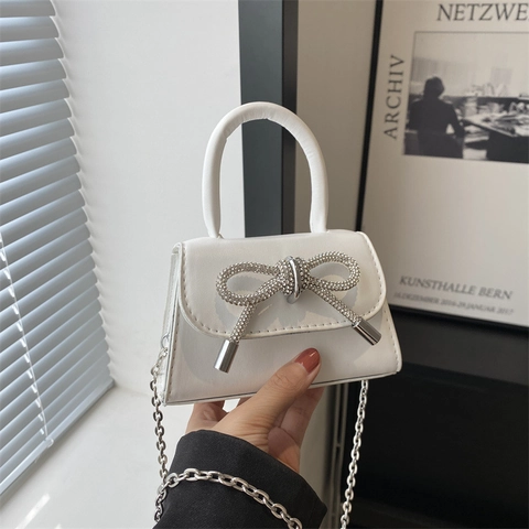 Women Bow Rhinestone Mini Handbag PU Leather Crossbody Bag Silver Chain Small Square Bag Sweet Evening Clutch Purse