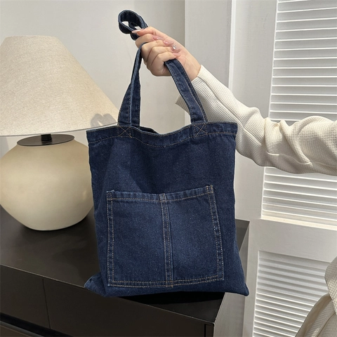 Große Kapazität Denim Tote Bag Für Damen Lässig Gewaschene Denim Schultertasche Mit Kontrastnähten Und Außentaschen