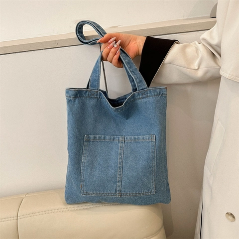 Große Kapazität Denim Tote Bag Für Damen Lässig Gewaschene Denim Schultertasche Mit Kontrastnähten Und Außentaschen