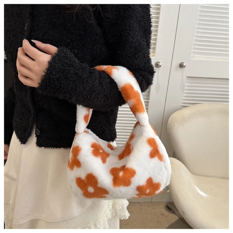 Damen Winter Plüsch Handtasche Blumenmuster Bedruckte Schultertasche Weiche Achseltasche Hobo Bag Für Alltag