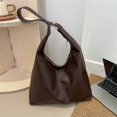 Women Minimalist PU Leather Tote Bag Large Capacity Hobo Shoulder Bag Solid Color Underarm Bag For Daily Commuter Office