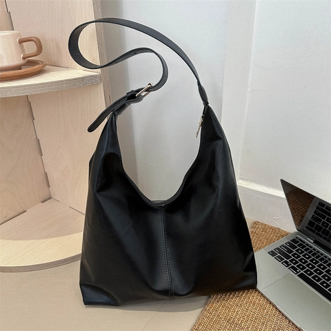 Women Minimalist PU Leather Tote Bag Large Capacity Hobo Shoulder Bag Solid Color Underarm Bag For Daily Commuter Office