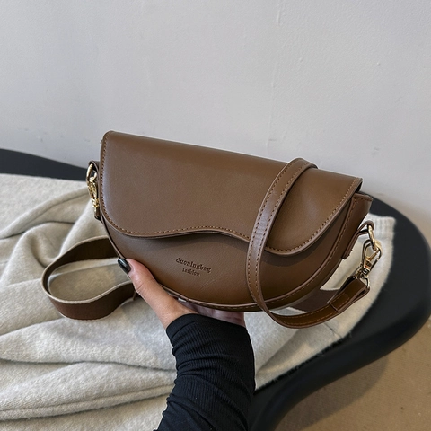 Women Fashion PU Leather Saddle Shoulder Bag Minimalist Solid Color Wave Flap Crossbody Purse Daily Commuter Handbag