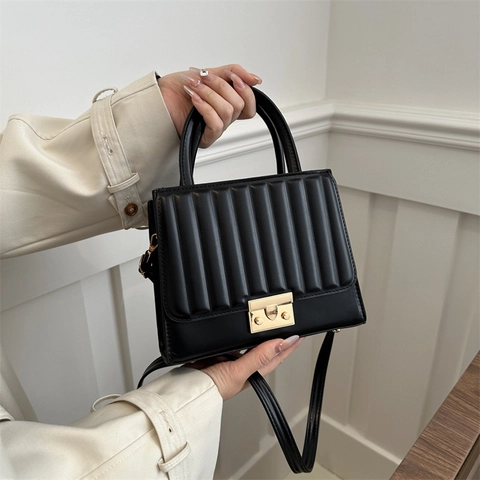 Women Ribbed Quilted PU Leather Handbag Minimalist Small Square Shoulder Crossbody Bag With Gold Lock Adjustable Strap