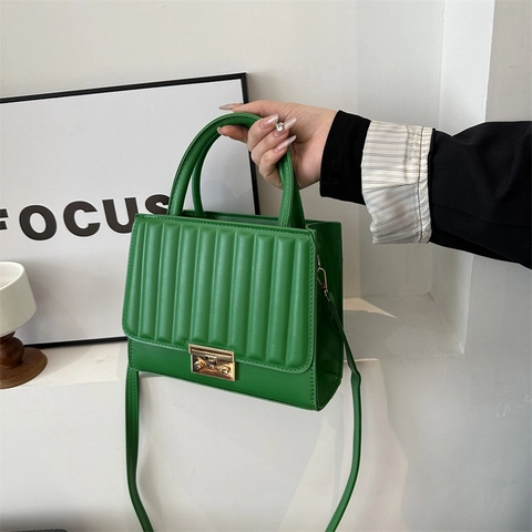 Women Ribbed Quilted PU Leather Handbag Minimalist Small Square Shoulder Crossbody Bag With Gold Lock Adjustable Strap