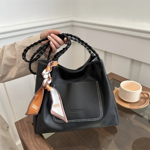 Women Retro Lychee Pattern PU Leather Tote Bag With Woven Handle Decorative Scarf Large Capacity Commuter Shoulder Bag