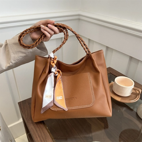 Women Retro Lychee Pattern PU Leather Tote Bag With Woven Handle Decorative Scarf Large Capacity Commuter Shoulder Bag