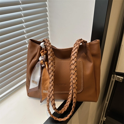 Women Large Capacity PU Leather Tote Bag With Braided Shoulder Strap And Scarf Decor Litchi Pattern Commute Shoulder Bag