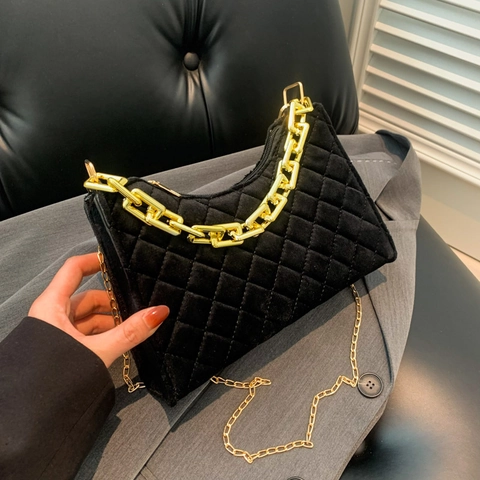 Dames Gevoerde Fluwelen Schoudertas Met Gouden Dikke Ketting Handvat En Fijne Metalen Riem Ruitjespatroon Crossbody Tas
