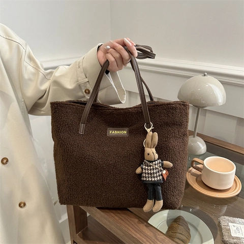 Women Fashion Lamb Wool Tote Bag Large Capacity Teddy Fleece Shoulder Bag Casual Plush Handbag With Rabbit Pendant Shopping Bag