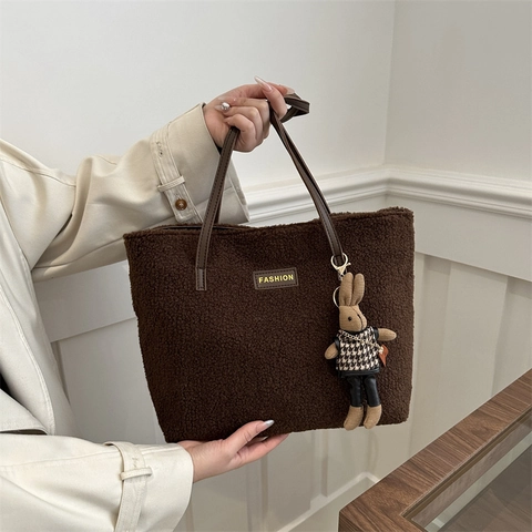 Women Fashion Lamb Wool Tote Bag Large Capacity Teddy Fleece Shoulder Bag Casual Plush Handbag With Rabbit Pendant Shopping Bag