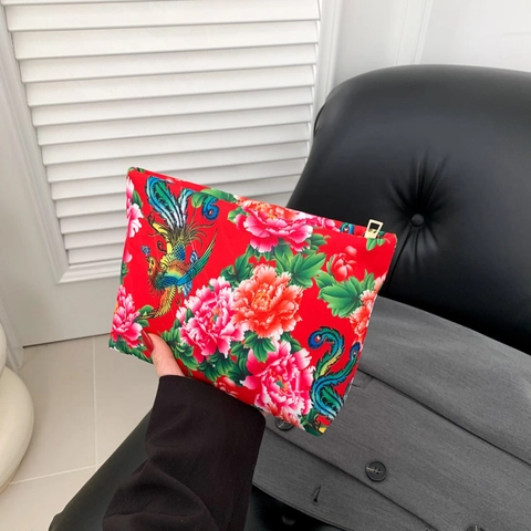 Traditional Chinese Floral Print Clutch Bag For Women Nylon Peony Phoenix Pattern Zipper Makeup Organizer Handbag Retro Folk Style