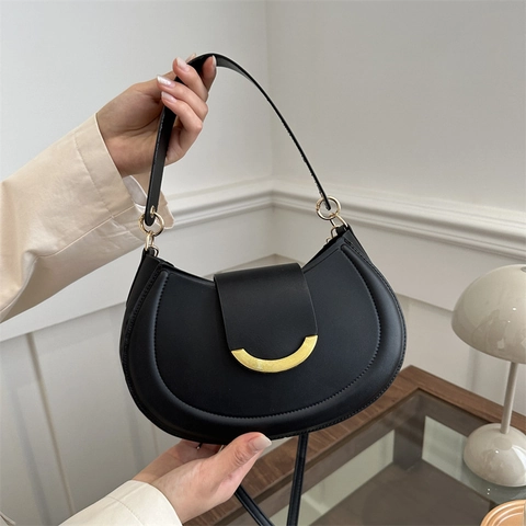 Vintage Einfache PU Leder Halbmond Hobo Tasche Mit Goldener Schnalle Unterachsel Schulter Umhängetasche Für Damen