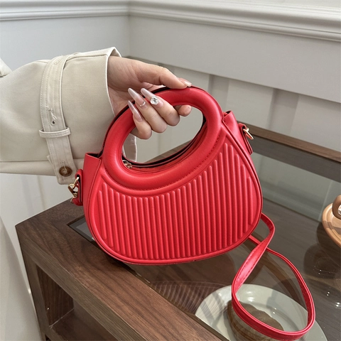 Pleated Crescent Shoulder Bag Vertical Striped PU Leather Handbag Circular Handle Gold Tone Hardware Adjustable Strap