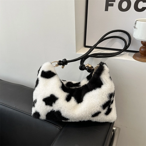 Borsa Sottobraccio in Peluche Maculato da Donna Borsa a Tracolla in Pelliccia Sintetica con Cinturino a Nodo Borsa a Mano Morbida Casual Retrò