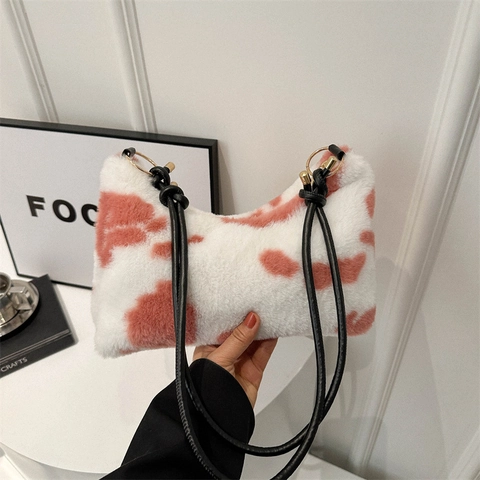Borsa Sottobraccio in Peluche Maculato da Donna Borsa a Tracolla in Pelliccia Sintetica con Cinturino a Nodo Borsa a Mano Morbida Casual Retrò