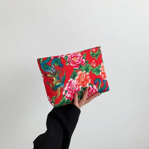 Pochette en Nylon Imprimé Floral et Phénix Mode Style Ethnique Grande Capacité Fermeture Éclair Sac à Main Portefeuille