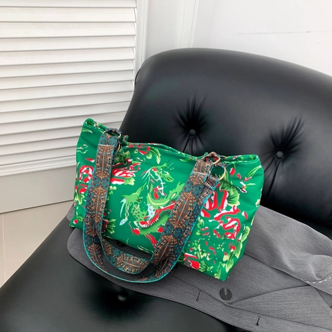 Women's Northeast Flower Print Nylon Tote Bag With Ethnic Geometric Wide Strap Vintage Peony Floral One Shoulder Crossbody Bag Casual Large Capacity Travel Handbag