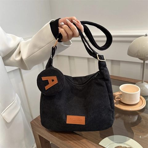 Korean Style Corduroy Tote Bag Large Capacity Shoulder Bag With Small Coin Purse Fashion Leather Patch For Women Daily