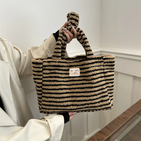 Damen Gestreifte Sherpa Tragetasche Weiche Plüsch Schultertasche Lässige Große Kapazität Einkaufstasche Herbst Winter Zubehör