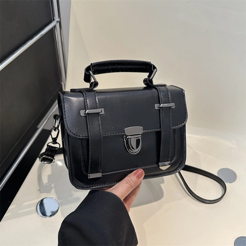 Vintage Women PU Leather Crossbody Bag Small Square Satchel With Top Handle Metal Lock Retro British Style Messenger Bag