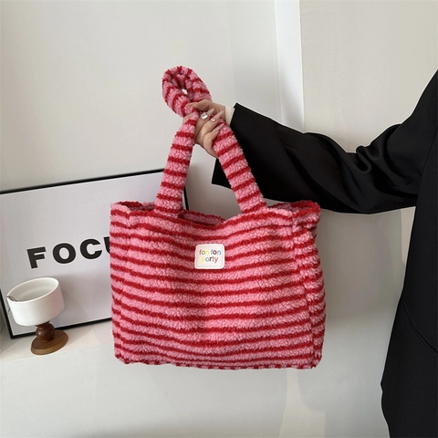 Damen Gestreifte Sherpa Tragetasche Weiche Plüsch Schultertasche Lässige Große Kapazität Einkaufstasche Herbst Winter Zubehör