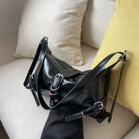 Bolso de Hombro de Axila de Cuero PU para Mujer Moda Motociclista Baguette Color Sólido Gran Capacidad Hebilla de Metal Correa Ajustable
