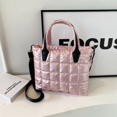 Borsa Tote Trapuntata da Donna Grande Capacità Metallizzata Lucida Borsa a Spalla Leggera Imbottita in Cotone Nylon a Tracolla