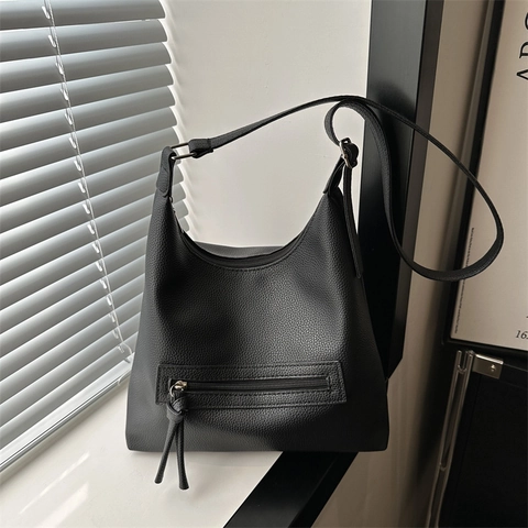 Women Minimalist Litchi Grain PU Leather Shoulder Bag Large Capacity Solid Color Hobo Underarm Bag Office Commute Tote Bucket Bag