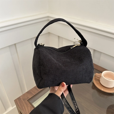 Bolso de Hombro de Pana para Mujer Bolso de Mano Caja Vintage Con Correa Ajustable Casual Color Sólido Cremallera