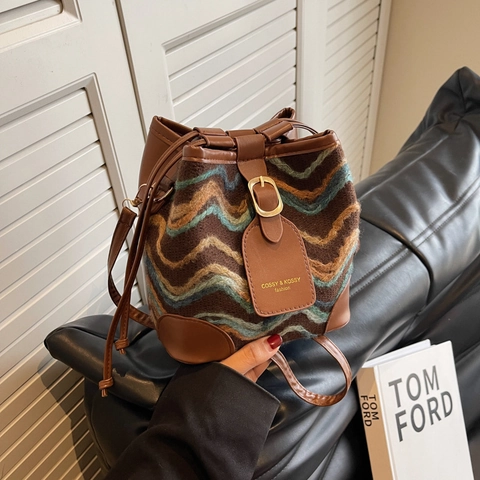 Borsa a Secchiello da Donna Vintage con Motivo a Onde in Maglia e Pelle PU Coulisse Borsa a Tracolla Casual Retro Bohemian
