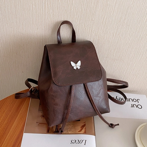 Retro Damen Mini Rucksack PU Leder Schmetterling Dekoration Kordelzug Modetasche Vielseitiger Lässiger Kleiner Rucksack Daypack