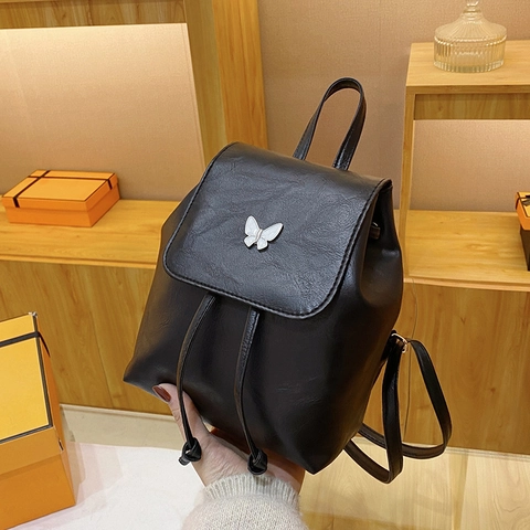 Retro Damen Mini Rucksack PU Leder Schmetterling Dekoration Kordelzug Modetasche Vielseitiger Lässiger Kleiner Rucksack Daypack