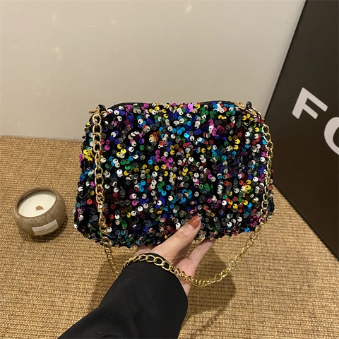 Shiny Sequin Shoulder Bag For Women Glitter Crossbody Bag Gold Chain Strap Elegant Small Square Clutch For Party Wedding