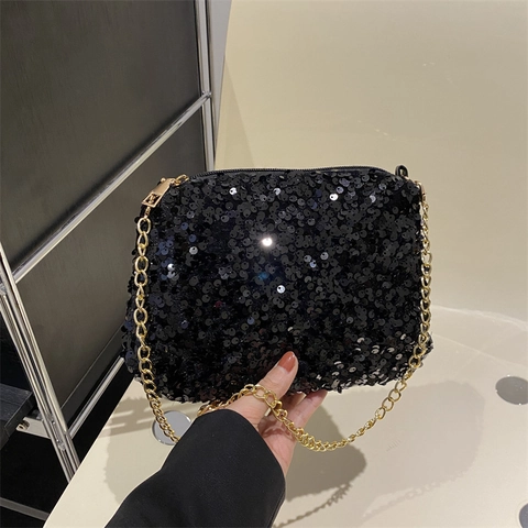 Shiny Sequin Shoulder Bag For Women Glitter Crossbody Bag Gold Chain Strap Elegant Small Square Clutch For Party Wedding