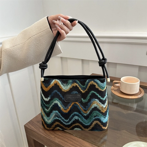 Bolso de Hombro de Punto para Mujer Estampado Retro de Ondas en Zigzag Con Asa de Cuero PU Anudada Bolso Diario Urbano Minimalista