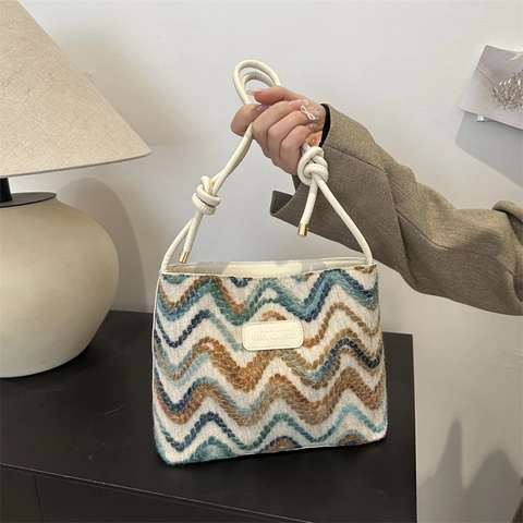 Bolso de Hombro de Punto para Mujer Estampado Retro de Ondas en Zigzag Con Asa de Cuero PU Anudada Bolso Diario Urbano Minimalista