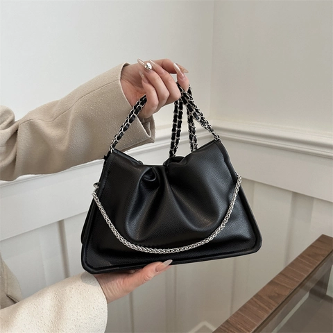 Sac À Épaule Nuage Froncé Similicuir PU Texture Litchi Avec Chaîne Argentée Mode Sac À Main Pour Femmes