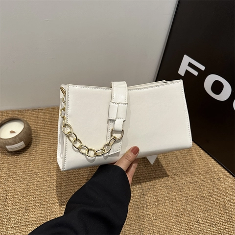 Bolso de Axila de Cuero PU Minimalista Vintage para Mujer Bolso de Hombro con Cadena Dorada Bolso Cuadrado de Color Sólido