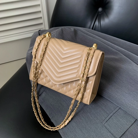 Petit Sac à Bandoulière Matelassé en Similicuir Motif Chevron Avec Chaîne Dorée Sac Porté Épaule Mode Polyvalent Femme
