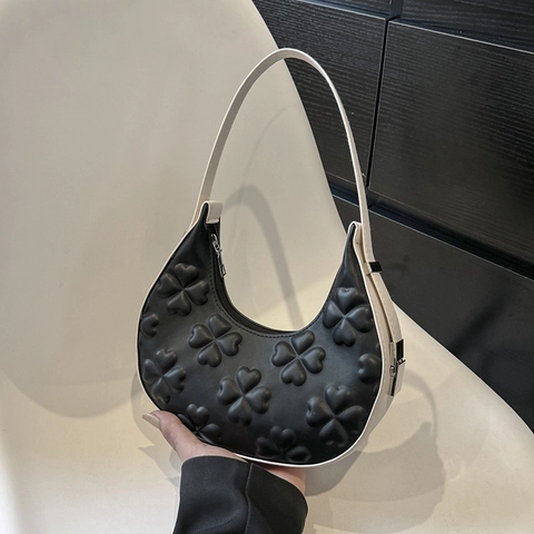 Bolso de Axila de Cuero PU para Mujer Trébol en Relieve Color de Contraste Bolso Hobo de Media Luna Bolso de Hombro