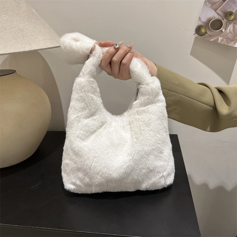 Women Faux Fur Underarm Bag Soft Plush Handbag Zipper Closure Chic Winter Solid Color Tote Shoulder Bag