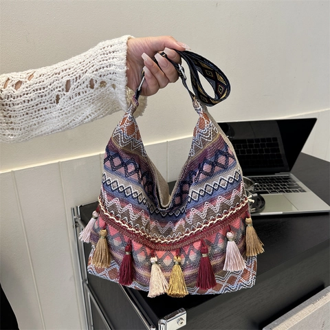 Borsa A Spalla Con Nappine In Maglia Bohémien Motivo Geometrico Etnico Grande Capacità Borsa A Tracolla Per Donna Viaggio