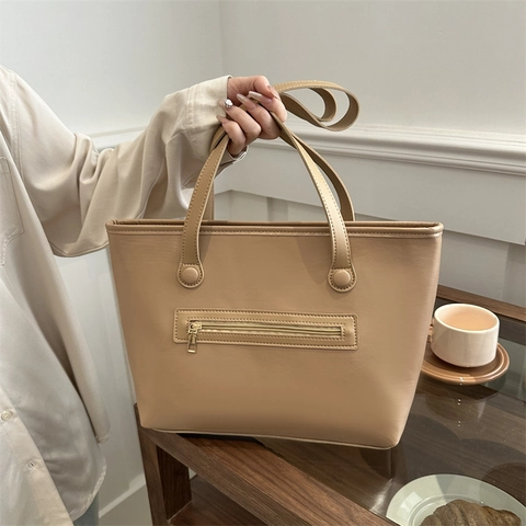Damen Mode PU Leder Tote Tasche Große Kapazität Pendler Schultertasche Mit Reißverschlussfach Vorne Vintage Achseltasche