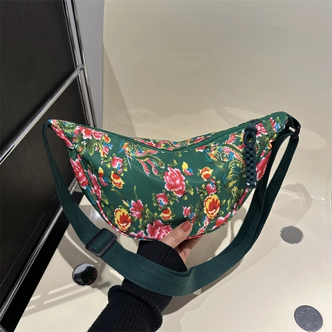 Women's Traditional Chinese Floral Print Nylon Crossbody Bag Retro Peony Pattern Dumpling Half Moon Shoulder Bag For Daily Travel