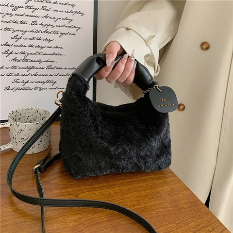 Sac Carré Petit en Fausse Fourrure Peluche pour Femme Avec Poignée en Cuir PU Plissé Sac à Main Bandoulière