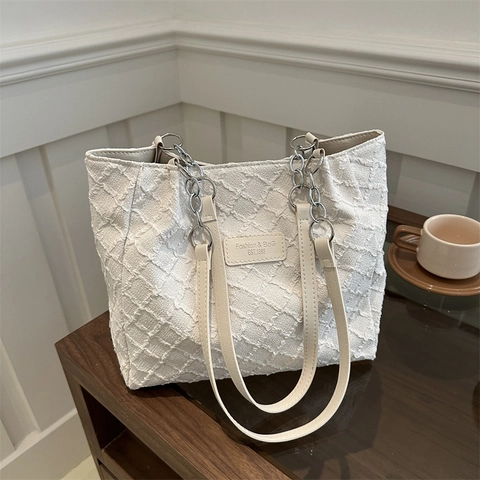 Borsa Tote da Donna in Tessuto Strutturato Con Tracolla a Catena Grande Capacità Borsa a Tracolla Casual Con Pendente a Coniglio di Peluche